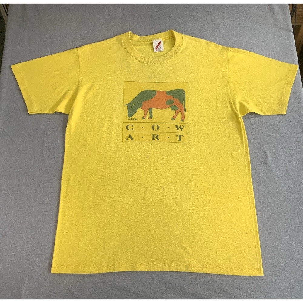 Vintage 80s/90s Cow Graphic T Shirt Yellow Jerzees Made In USA L Single Stitch